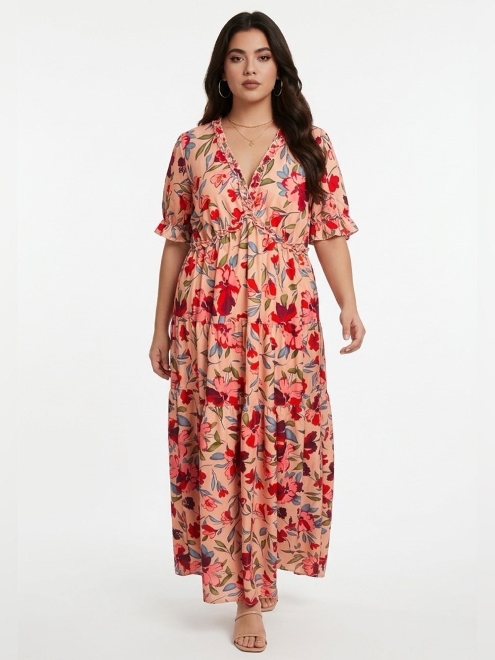 NWT Camisa SZ L Red/pink/green/blue V-neck tiered maxi dress/Bust 43”